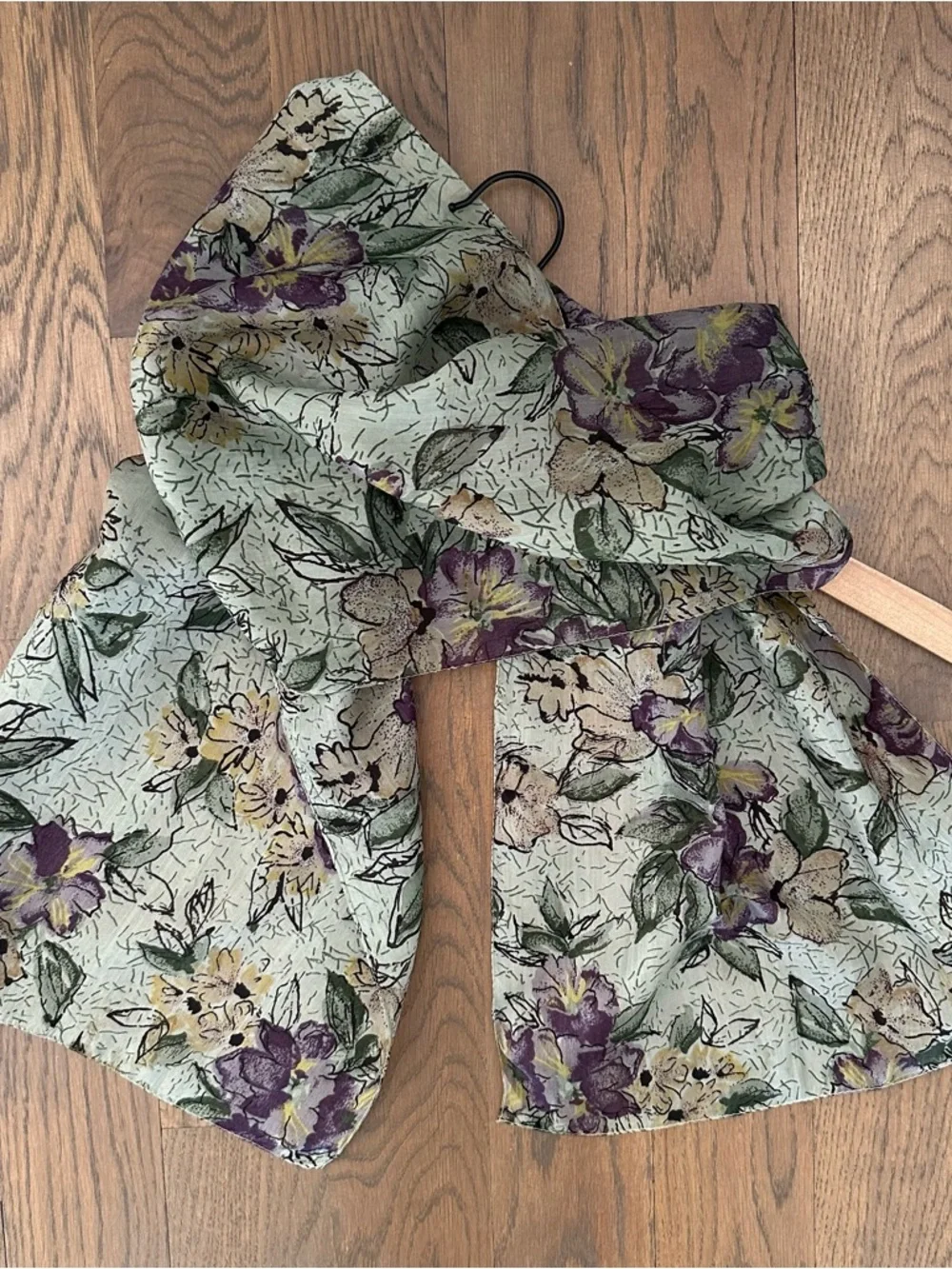 Vintage Floral Print 100% Silk Oblong Scarf in Sage Green, Black, Purple, 65